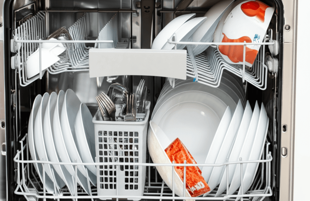 Dishwasher with dirty dishes showing food residue