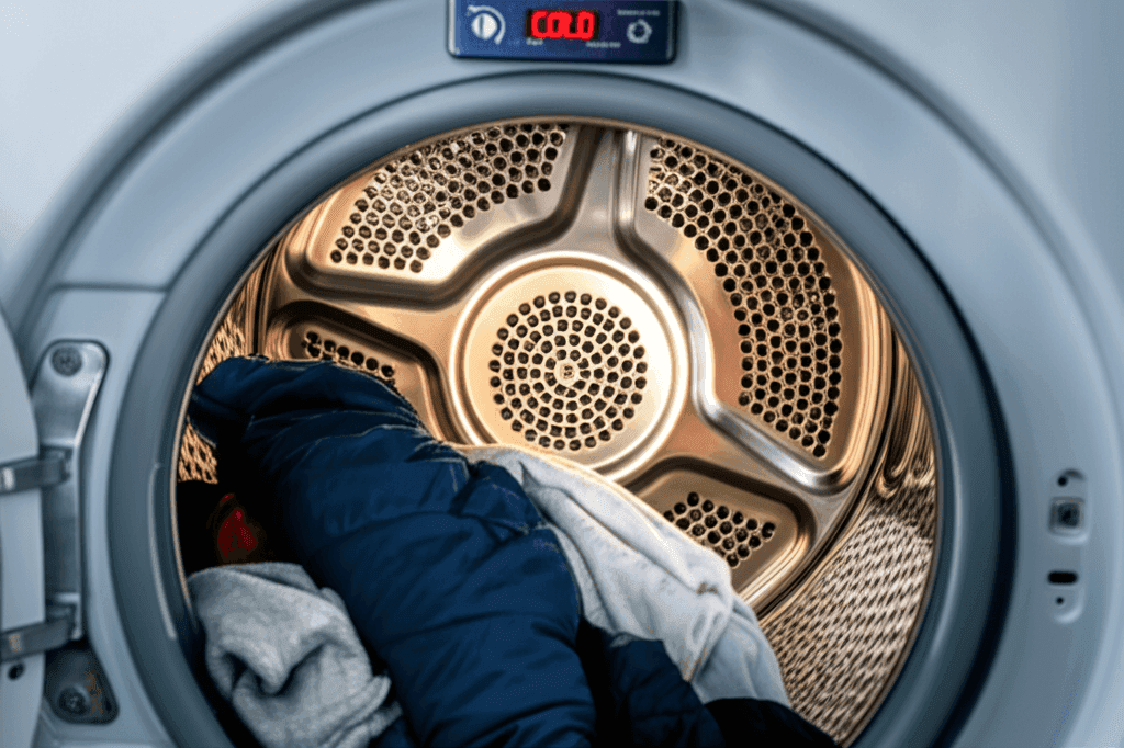 Clothes inside a dryer with digital display showing zero time