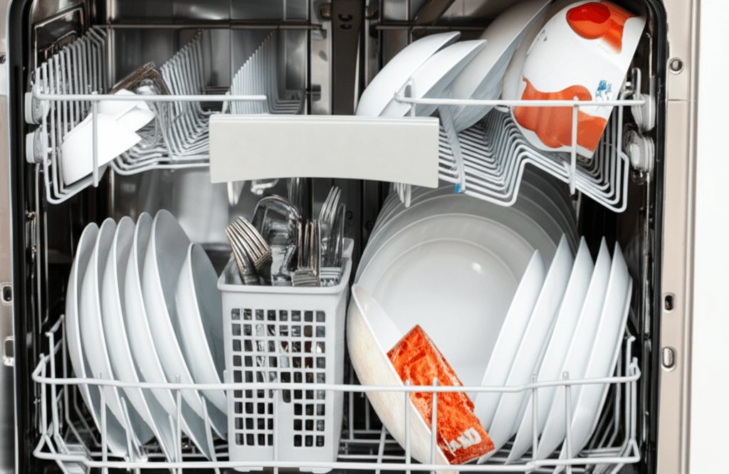 Dishwasher with dirty dishes showing food residue