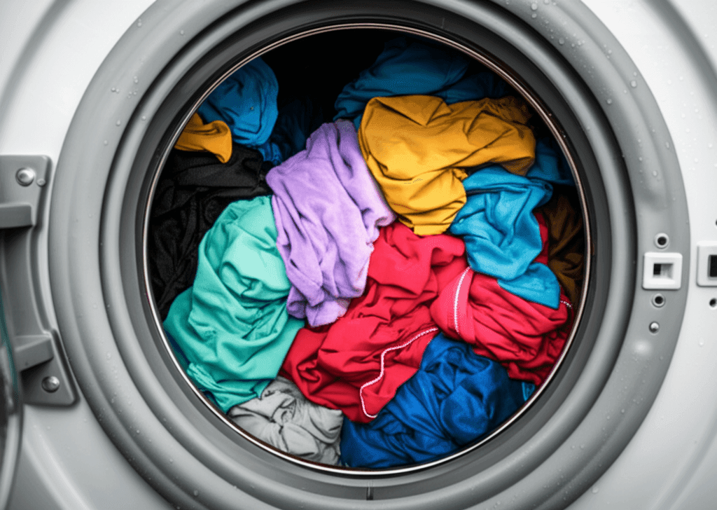Colorful clothes inside a front-loading washing machine