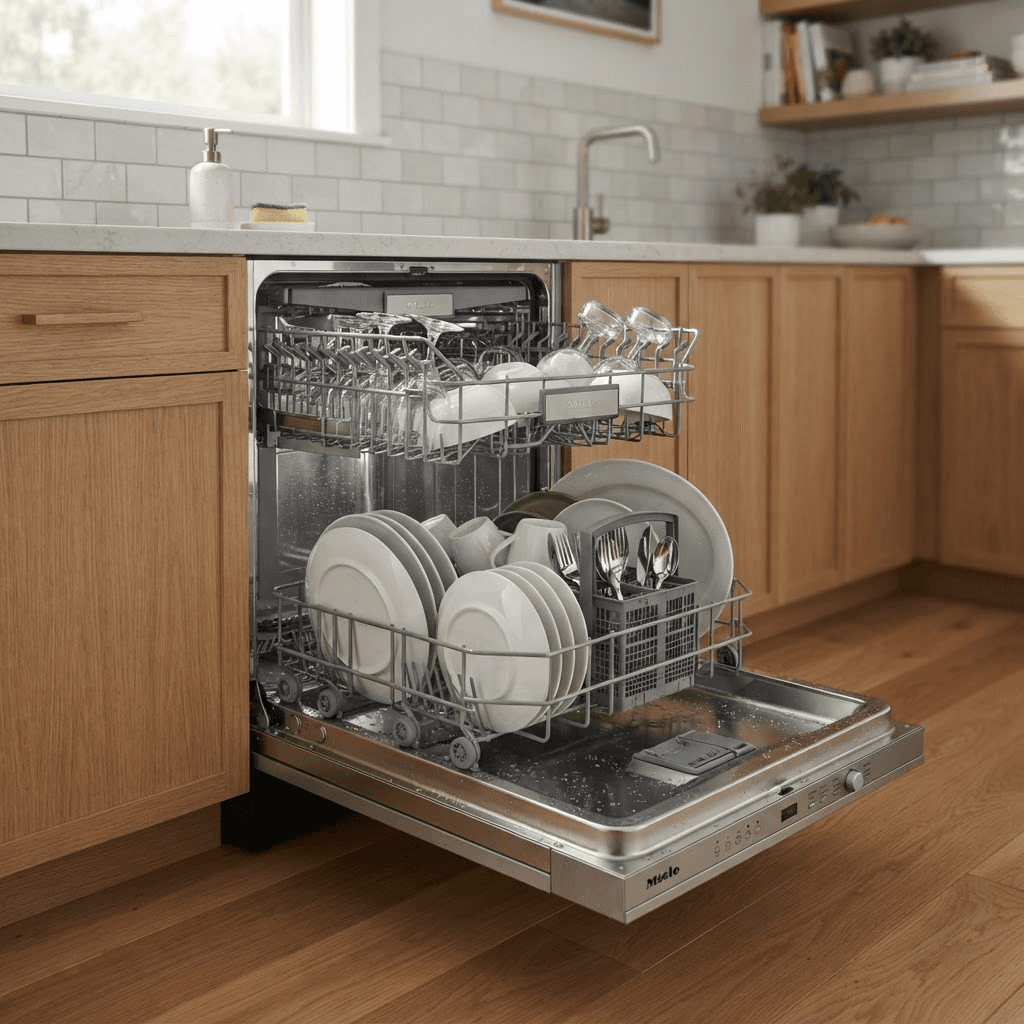 Dishwasher with dirty dishes showing food residue