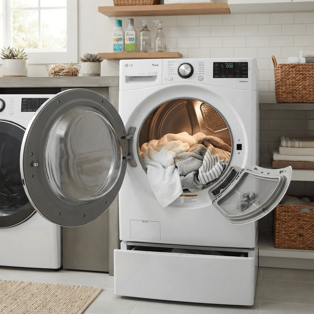 Clothes inside a dryer with digital display showing zero time