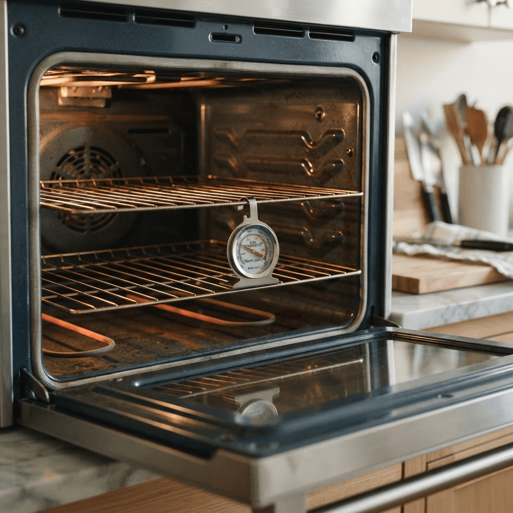 Oven thermometer showing temperature discrepancy from oven setting