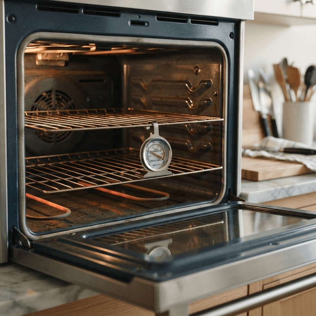 Oven thermometer showing temperature discrepancy from oven setting