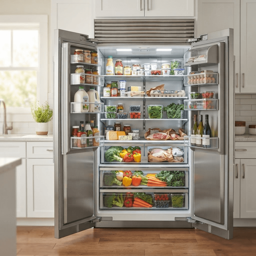 Open refrigerator with temperature gauge showing warm temperature