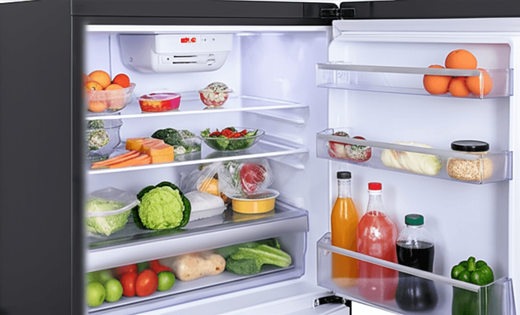 Open refrigerator with temperature gauge showing warm temperature