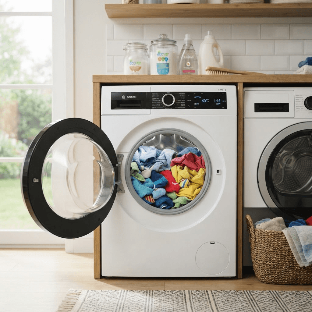 Colorful clothes inside a front-loading washing machine