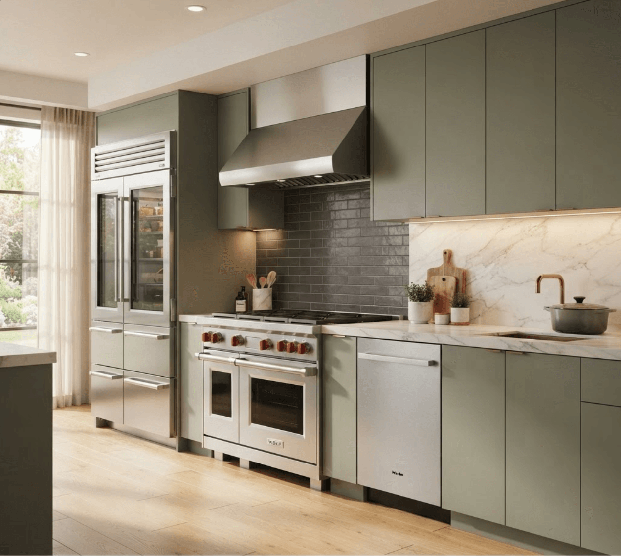 Luxury kitchen with Sub-Zero refrigerator, Wolf range, and Miele dishwasher serviced by Appliance Pro Care